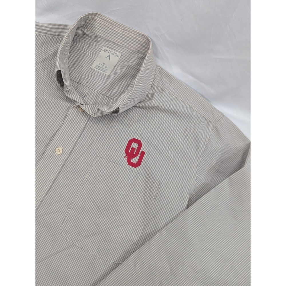 Oklahoma Sooners Mens Shirt  XL Button Antigua Tight Check Long‎ Sleeve Gray